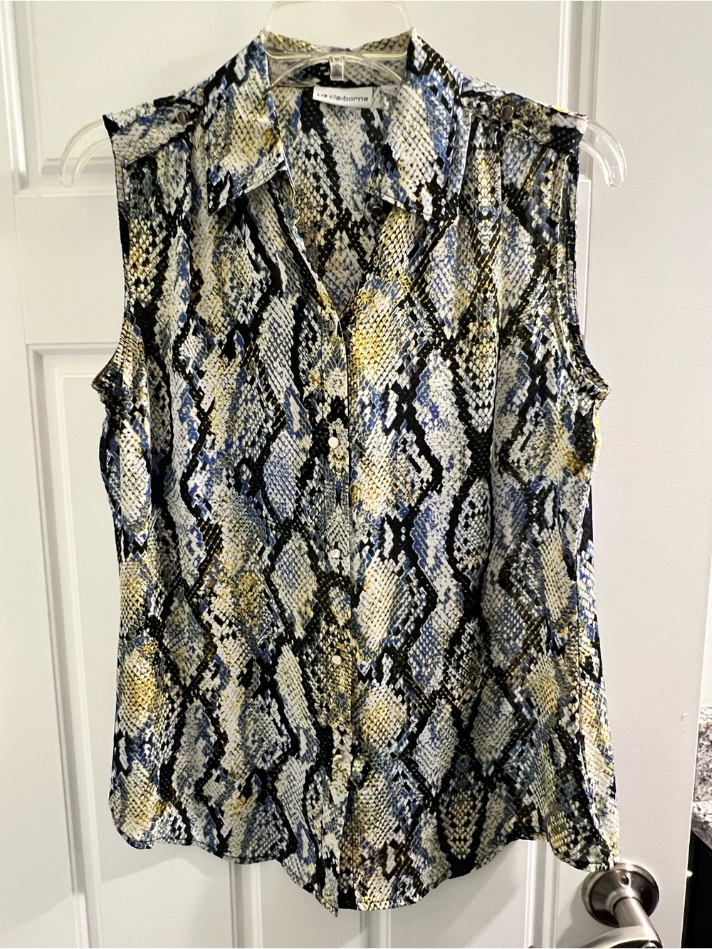 Liz Claiborne Sleeveless Snake-Print Button Front Blouse in Blue, Black & Yellow